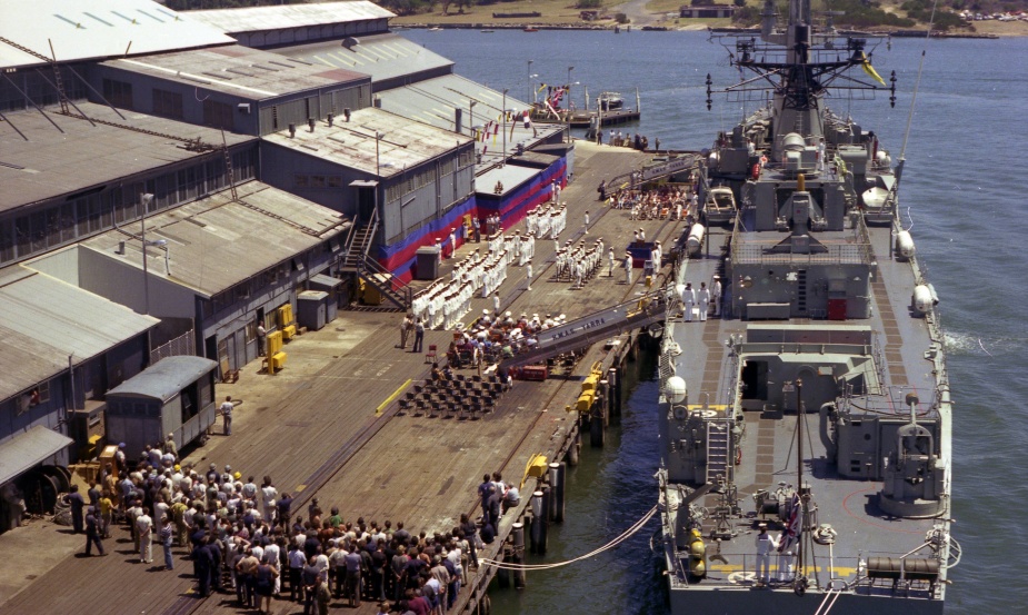 HMAS Yarra recommissions at Cockatoo Island Dockyard, 16 December 1977. (John Jeremy Collection)
