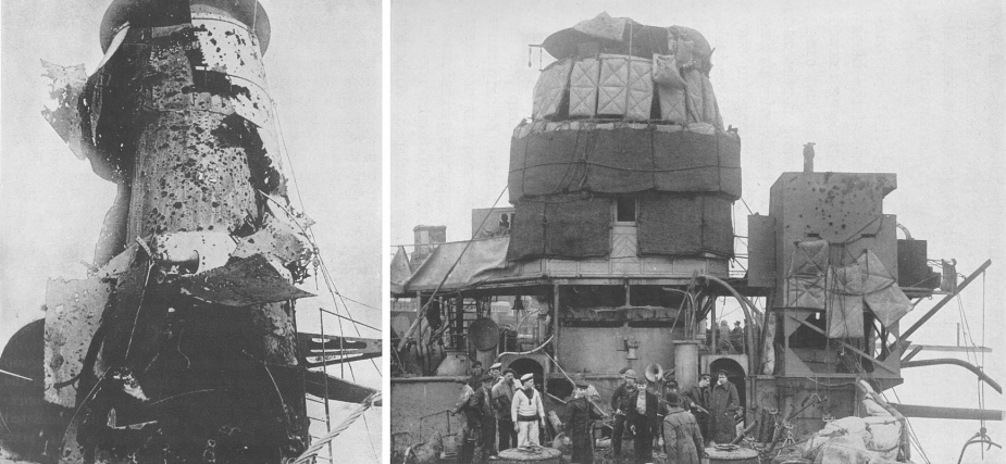 Left: Damage to one of Vindictive's funnels. Right: Ratings, officials and workmen inspect the damage to Vindictive in Dover. The bullet-ridden block structure at the right of the photo was one of the flame thrower postions added to the ship prior to the raid.