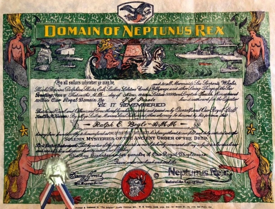 Crossing the Line ceremonies are a cherished tradition practised by many Navies worldwide. This certificate was issued by the US Navy in 1948.