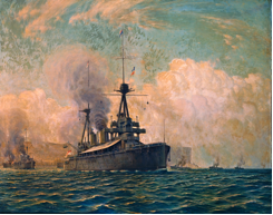 The new RAN flagship, HMAS Australia, leads the Fleet Unit into Sydney Harbour on 4 October 1913. (Percy Spence - Courtesy of the Bridgeman Art Library)