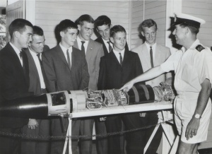 Course officer, Lieutenant Commander ‘Dickie’ Bird, welcomes recruits, from left, Barry Diamond, Bob Waldron, Ross MacArthur, Max Speedy, David Cronin, Ian Best and David Collingridge into the RAN.