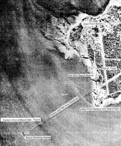 An aerial view of Darwin showing the location of the anti-submarine boom net and other fixed naval defences during World War II.