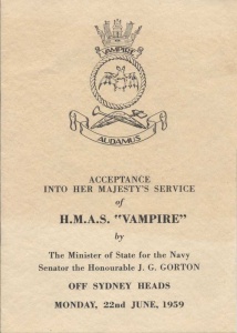 A booklet commemorating the acceptance of HMAS Vampire (II) into service. She was commissioned in Sydney the following day.