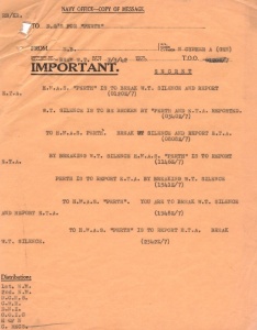 Original signal requesting Perth to report her position. She had already been sunk in the Battle of Sunda Strait.