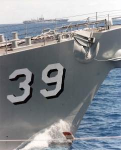 HMAS Hobart (II)’s distinctive bow and familiar pennant number. This number has been assigned to the next HMAS Hobart, which lends its name to the new class of Air Warfare Destroyers.