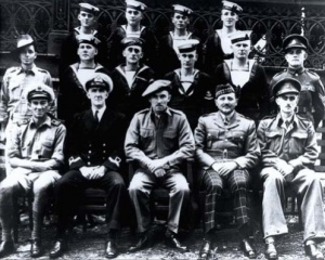 The crew of Krait and operatives of Operation JAYWICK. Left to right, front: LEUT Ted Carse; LEUT Donald Davidson; MAJ Ivan Lyon; MAJ Jock Campbell (did not accompany the expedition); LT Robert Page. Middle row: CPL Andrew Crilly; LS Kevin Cain; LS James McDowell; L.TEL Horrie Young; AB Walter Falls; CPL Ron Morris. Back row: ABs Moss Berryman, Frederic Marsh, Arthur Jones and Andrew Huston.