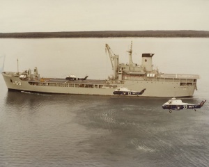 Three Westland Wessex helicopters in company with HMAS Tobruk.