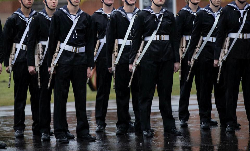 Members of General Entry 390 Rogers Division standing at ease during their graduation parade at the Royal Australian Navy Recruit School at HMAS Cerberus, Victoria, June 2021. Photographer: LSIS Bonny Gassner.
