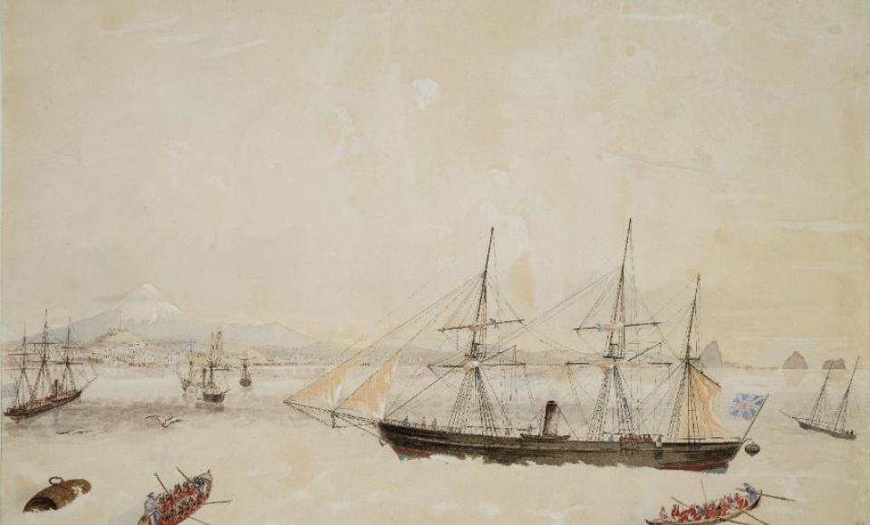 A watercolour of  British troops disembarking the HMVS Victoria.