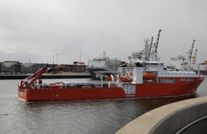 The Rescue Gear Ship, MV Stoker, sails into the Port of Fremantle.