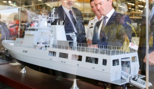 A model of the Arafura class offshore patrol vessel on display at Osborne Naval Shipyard in Adelaide.