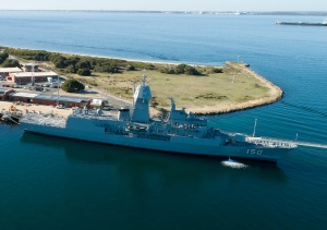 An aerial photograph of HMAS Anzac berthed at Fleet Base West in Western Australia.