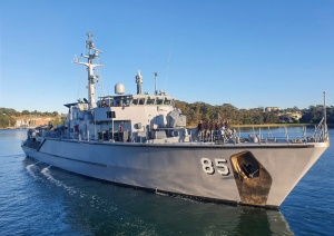 HMAS Gascoyne departing HMAS Waterhen to conduct work ups as part of her Unit Readiness Evaluation held off the coast of New South Wales.