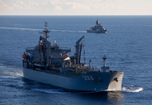 HMAS Sirius (left) and HMAS Anzac conduct a routine passage exercise in the South China Sea as part of their deployment throughout the Northern Indian Ocean and Southeast Asia.