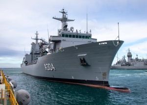 Auxiliary Oiler Replenisher NUSHIP Stalwart prepares to berth at Fleet Base West in Western Australia for the first time.