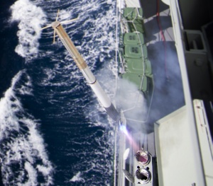 HMAS Darwin conducts a Nulka Active Missile Decoy firing in the Eastern Australian Exercise Area.